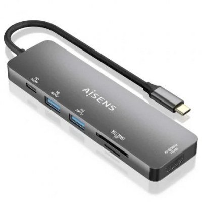 Docking USB Tipo-C Aisens ASUC-6P016-GR/ 1xHDMI/ 2xUSB/ 1xLector Tarjetas/ 1xUSB Tipo-C PD/ Gris