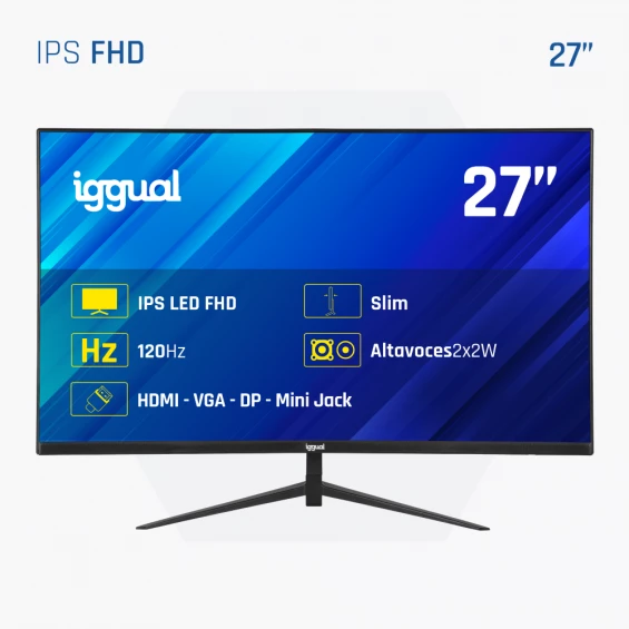 Monitor iggual ML27SDP, 27 pulgadas, Full HD, IPS, 120 Hz, 1 ms, 99 % sRGB, altavoces 2×2 W, HDMI, DisplayPort, VGA, negro