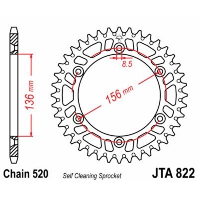 Corona JT SPROCKETS aluminio ultraligera autolimpiable 822 - Paso 520 JTA822.49