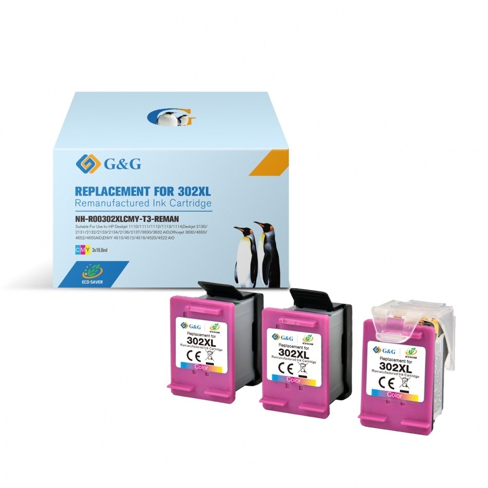 G&G HP 302XL Color Pack de 3 Cartuchos de Tinta Remanufacturados - Eco Saver - Muestra Nivel de Tinta - Reemplaza F6U67AE/F6U65AE