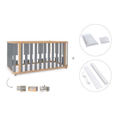 Cuna-cama colecho madera/gris 70x140 cm (4en1) + textil Galaxy · Crea Plus Due Antracita