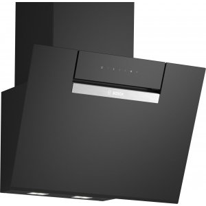 Campana decorativa de pared inclinada Bosch DWK67FN60, Serie 4, vertical, 60 cm, 768 m3/h, clase A+, 3 velocidades + intensivo, 56dB, cristal negro