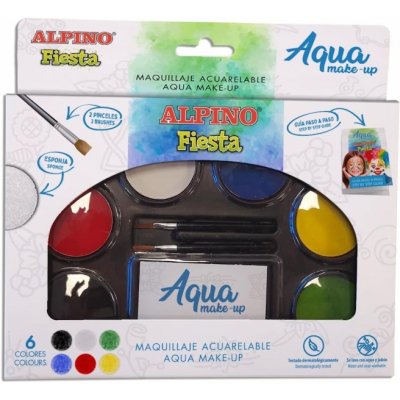 Alpino Fiesta Aqua Make-up Pack con Paleta de Maquillaje Acuarelable con 6 Colores + 2 Pinceles + Esponja y Guia de Uso - Se Lava con Agua y Jabon - Colores Surtidos