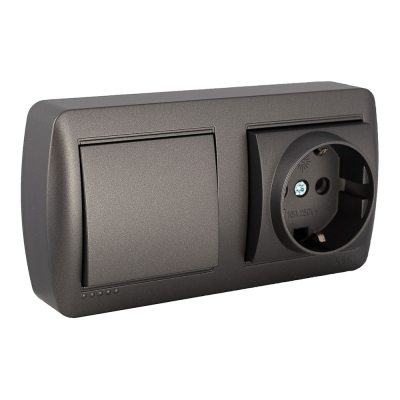 Base fija 2p+t 16a 250v~ + conmutador de cruce 10ax 250v~. de superficie. serie mural