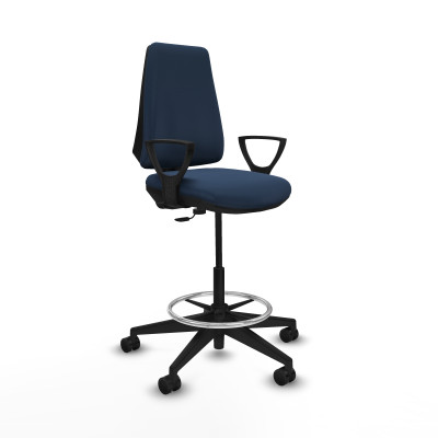 Taburete Elche CP similpiel azul marino brazos fijos base piramidal ruedas 65mm nailon