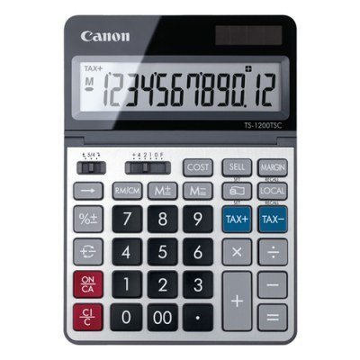 Canon TS-1200TSC Calculadora de Sobremesa con Pantalla LCD Ajustable de 12 Digitos - Realiza Calculos de Costos, Precios de Venta y Margenes de Ganancia - Alimentacion Solar y Pilas - Color Negro/Plat