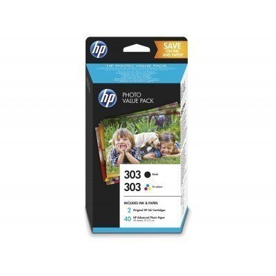 HP 303 Negro + Color Pack de 2 Cartuchos de Tinta Originales - 40 Hojas de Papel Fotografico - Z4B62EE