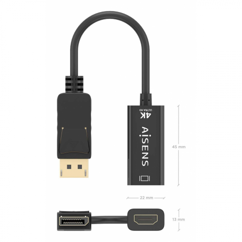 AISENS - CONVERSOR DISPLAYPORT A HDMI 4K@60HZ, DP/M-HDMI/H, NEGRO, 15CM