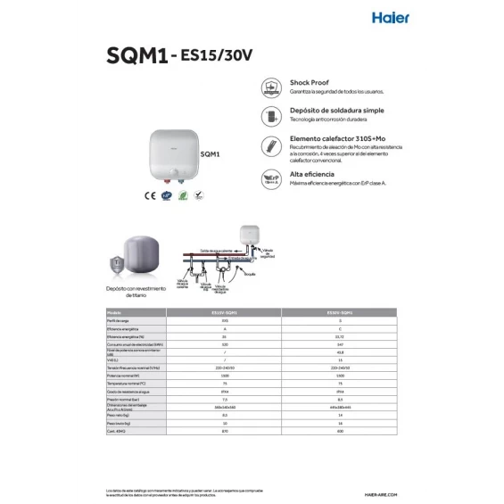 Termo eléctrico Haier ES15V-SQM1, 15 litros, 1.500 W, clase A, blanco - imagen 2