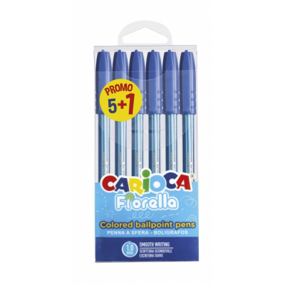 Carioca Fiorella Pack 5+1 Boligrafos Punta de Bola Ø 1mm - Cuerpo Transparente - Escritura Brillante y Colorida - Color Azul