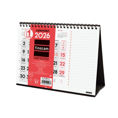 Finocam Calendario de Sobremesa en Catalan - Anual 2026 - Espacio para Notas - 210x70x160mm - Numeros Grandes - Color Blanco y Rojo