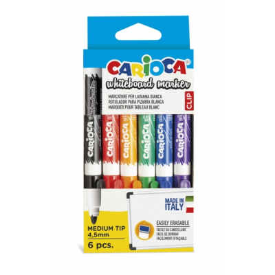 Carioca Pack de 6 Rotuladores para Pizarra Blanca - Punta de Ø 4.5mm - Tapa con Clip - Se Borra Facilmente y Se Seca Rapidamente - Colores Surtidos