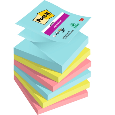 Post-It Super Sticky Pack de 6 Blocs de 90 Notas Adhesivas Reposicionables - Forma Cuadrada - 76x76mm - en Zig-Zag - Colores Surtidos