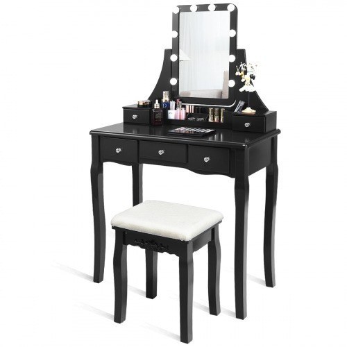 Lena Black tocador maquillaje negro moderno espejo taburete 2 cajones