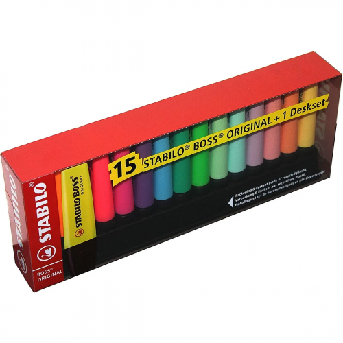 Stabilo Boss 70 Pack de 15 Marcadores Fluorescente - Trazo entre 2 y 5mm - Recargable - Tinta con Base de Agua - Colores Surtidos