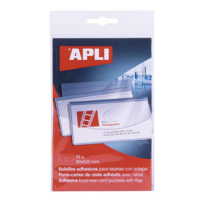 Apli Pack de 10 Bolsillos Adhesivos Porta Tarjetas con Solapa de Cierre - Medidas 100x60mm - Ideal para Presentaciones Impresas, Dosieres