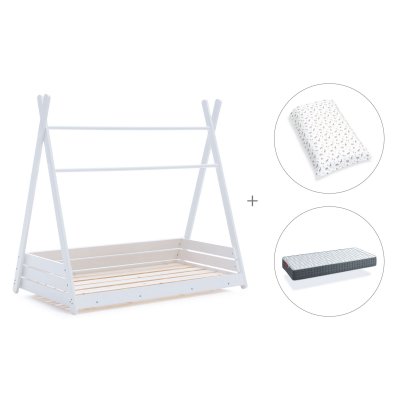 Cama júnior Montessori blanca 90x200 cm + colchón + nórdico Natura · Homy XL