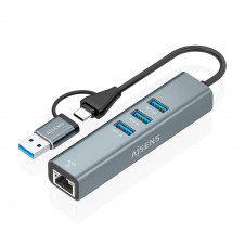 AISENS Conversor USB3.2 Gen1 USB-A+USB-C A Ethernet Gigabit 10/100/1000 Mbps + Hub 3xUSB3.0, Gris, 15cm