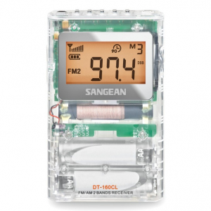 Radio de bolsillo Sangean DT-160 CL, estéreo, FM/AM, pantalla retroiluminada, transparente