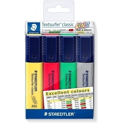 Staedtler Textsurfer Classic 364 Pack de 4 Marcadores Fluorescentes - Punta Biselada 1 - 5mm Aprox - Secado Rapido - Colores Surtidos