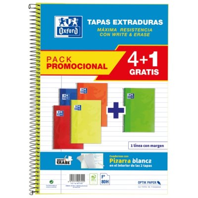 Oxford School Classic Write&Erase Pack 4+1 Fº - Cuaderno Espiral - Tapa Extradura - 1 Linea con Margen - 80 Hojas - Colores Surtidos