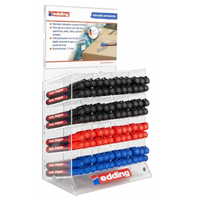 Edding 330 Expositor con 96 Rotuladores Permanentes - Punta Biselada - Trazo entre 1 y 5 mm. - Tinta casi Inodora - Capuchon con Clip - Secado Rapido - Colores Negro, Azul y Rojo