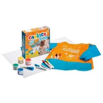 Carioca Baby Art Set Pack de Juegos con 12 Productos para Bebes - 1 Hoja de Papel, 1 Delantal Impermeable, 1 Cepillo Baby 2+, 4 Pinturas de Dedos 2+, 6 Marcadores Baby Valorous 2+ - Colores Surtidos