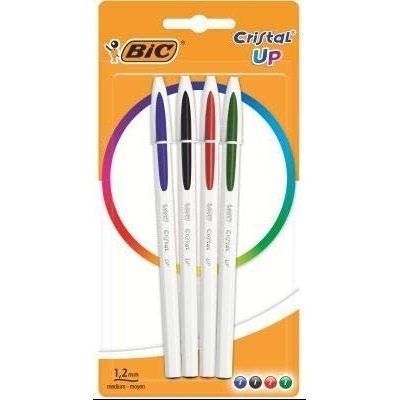 Bic Cristal Up Pack de 4 Boligrafos de Bola - Punta Redonda de 1.2mm - Trazo 0.6mm - Tinta con Base de Aceite - Cuerpo Blanco - Colores Surtidos