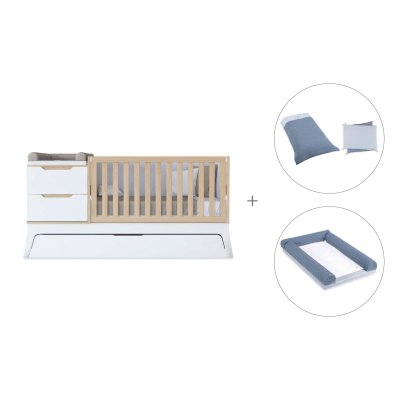 Cuna convertible blanco/madera 70x140 cm con cama nido + textil Alba Blu · Zen K460
