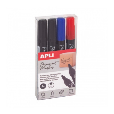 Apli Pack de 4 Rotuladores Permanentes Punta Redonda - Resistentes al Agua - Multifuncionales - para Metal, Plastico, Madera y Carton - Color Azul Negro Rojo