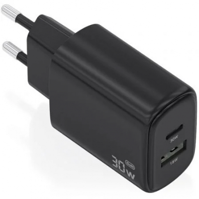 Cargador de Pared GaN Aisens A110-0978/ 1xUSB Tipo-C/ 1xUSB/ 30W/ Negro