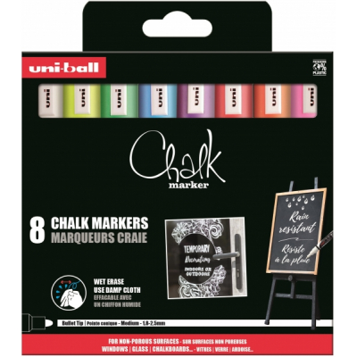 Uni-ball Chalk PWE-5M Pack de 8 Marcadores de Tiza Liquida - Punta Conica 1.8-2.5mm - Borrado en Humedo - Resistente a la Lluvia - Colores Surtidos