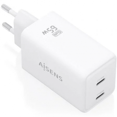 Cargador de Pared GaN Aisens ASCH-65W2P078-W/ 2xUSB Tipo-C/ 65W/ Blanco