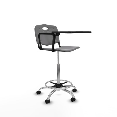 Taburete Robledo giratorio plástico gris claro brazo con pala diestros base cromada ruedas autofrenantes 50mm