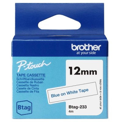 Brother Btag-233 Cinta 12mm - Texto Azul sobre Fondo Blanco - Medidas 12mmx4 Metros - Apta para PTN10, PTN20, PTN25BT
