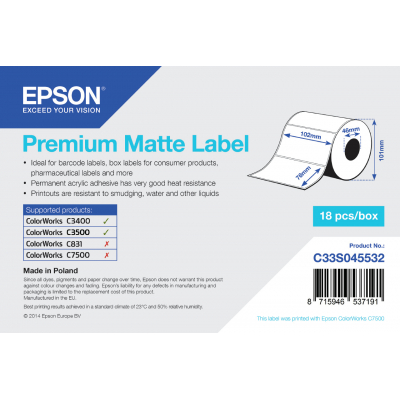 Premium Matte Label - Die-cut Roll: 102mm x 76mm, 440 labels
