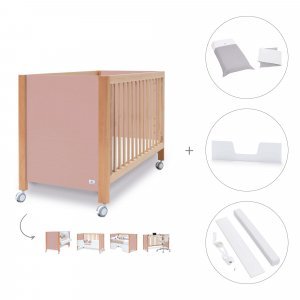 Cuna-escritorio madera/rosa (5en1) 60x120 cm + textil Carezza · Ombra