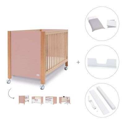Cuna-escritorio madera/rosa (5en1) 60x120 cm + textil Carezza · Ombra