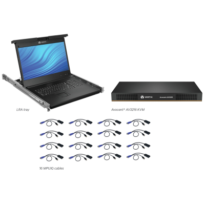 Avocent Consola LCD de acceso directo al rack de 19 con conmutador KVM AutoView 2216 digital o analógico de 16 puertos, teclado USB, RAK-Key para acceso digital y 16 cables MPUIQ-VMCHS, US INTL