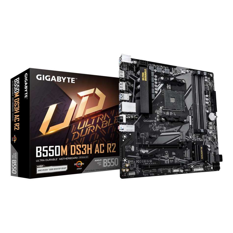B550M DS3H AC R2 Placa base - Procesadores AMD Ryzen 5000, VRM de 5+3 fases, hasta 4733 MHz DDR4 (O.C.), 1x M.2 PCIe 4.0 + 1x M.2 PCIe 3.0, Wi-Fi 5, LAN 1 GbE, USB 3.2 Gen 1
