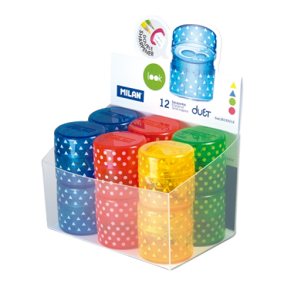 Milan Duet Look Expositor con 12 Sacapuntas Doble - Regular y Maxi - Deposito Integrado - Cuchilla de Acero de Seguridad - Colores Surtidos