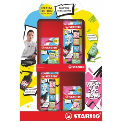 Stabilo Boss Mini by Snooze One Expositor con 4 Pack de 3 Mini Marcadores + 4 Pack de 3 Mini Marcadores + 8 Pack de 6 Mini Marcadores - Trazo entre 2 y 5mm - Tinta con Base de Agua - Antisecado - Colo