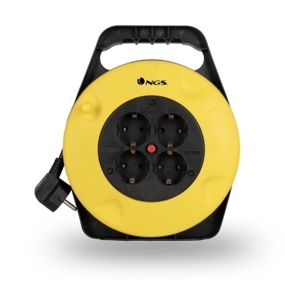 NGS Grid Round Carrete Alargador con Proteccion Termica - 4 Shuckos - Hasta 16A - Cable de 10m - Interruptor de Reinicio - Color Negro/Amarillo