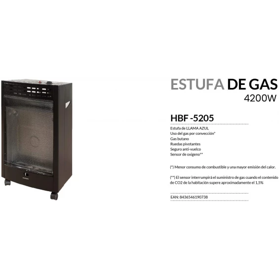 Estufa de gas Infiniton HBF-5205, llama azul, 4.200 W, ODS, termostato regulable, negro - imagen 3