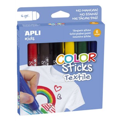 Apli Color Sticks Textil Pack de 6 Temperas Solidas 6gr para Uso en Textil - Secado al Aire en 12 Horas - Sin Disolventes - Para Niños a partir de 3 años - Colores Surtidos
