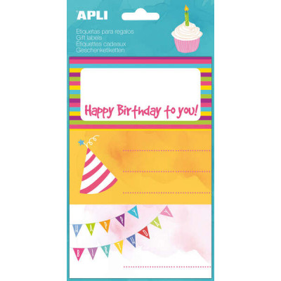 Apli Etiquetas Adhesivas Happy Birthday - Tamaño 76x39mm - 9 Etiquetas en 3 Hojas - Adhesivo Permanente de Alta Calidad - Ideal para Marcar e Identificar Regalos - Diseño Alegre y Colorido