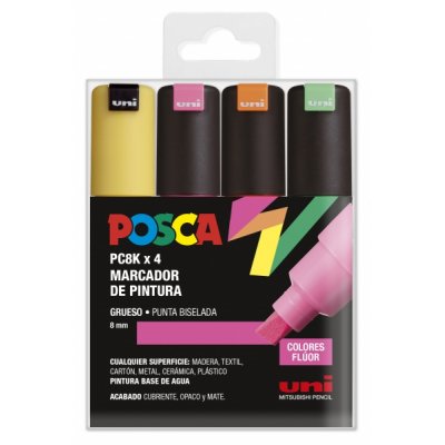 Posca PC-8K Estuche de 4 Marcadores de Pintura - Punta Biselada Acrilica 8mm - Tinta Base al Agua - Resistente a la Luz - Color Surtido