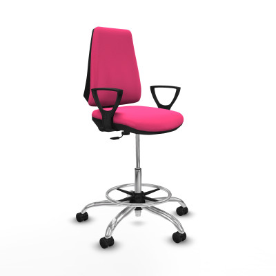 Taburete Elche CP similpiel rosa brazos fijos base cromada ruedas 65mm nailon