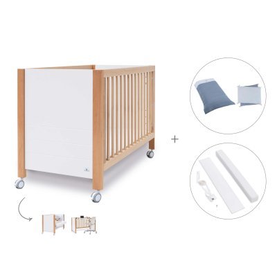 Cuna colecho y escritorio madera/blanco (3en1) 60x120 cm + textil Alba Blu · Ombra