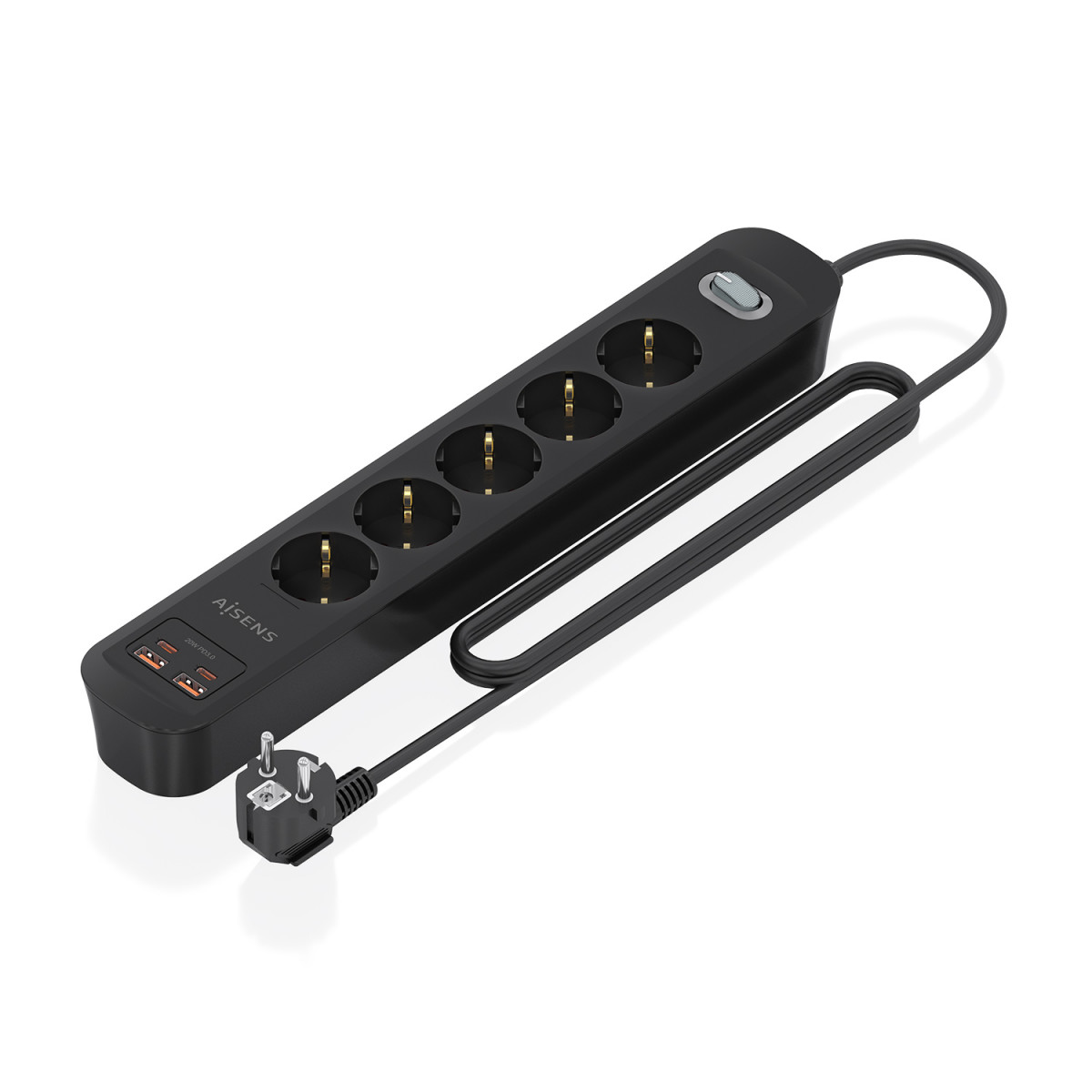 AISENS - REGLETA DE ENCHUFES MULTIFUNCION CON 5 TOMAS + CARGADOR PD3.0 20W 2xUSB-C, 2xUSB-A, 1.4M, NEGRO